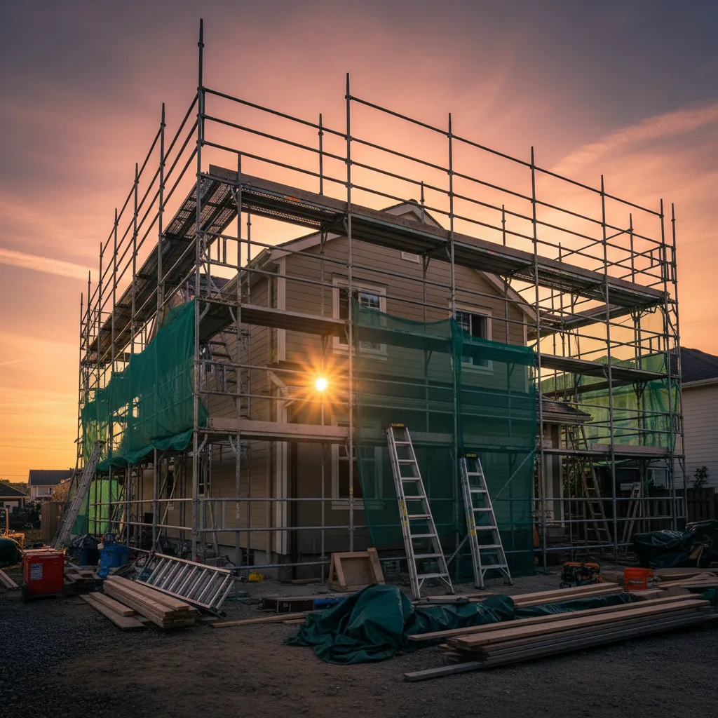 Chantier de rénovation extérieure avec terrasse et façade isolée en cours de travaux